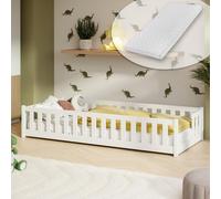 Lit d'enfant au sol avec barrières de sécurité, sommier à lattes et matelas | Lit Montessori | Lit à barreaux | Lit pour enfants et adolescents | Lit simple | 80 x 160 cm | Blanc