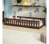 Lit d'enfant au sol avec barrières de sécurité, sommier à lattes et matelas | Lit Montessori | Lit à barreaux | Lit pour enfants et adolescents | Lit simple | 80 x 180 cm | Chocolat noir