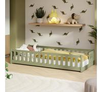 Lit d'enfant au sol avec barrières de sécurité, sommier à lattes et matelas | Lit Montessori | Lit à barreaux | Lit pour enfants et adolescents | Lit simple | 90 x 190 cm | Vert olive