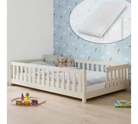 Lit d'enfant au sol avec barrières de sécurité, sommier à lattes et matelas | Lit Montessori | Lit à barreaux | Lit pour enfants et adolescents | Lit simple | 120 x 200 cm | Coton