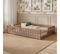 Lit d'enfant au sol avec barrières de sécurité, sommier à lattes et matelas | Lit Montessori | Lit à barreaux | Lit pour enfants et adolescents | Lit simple | 120 x 200 cm | Couleur cannelle