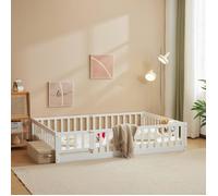 Lit d'enfant au sol Montessori 90x190 cm - Bois de pin blanc avec porte et serrure