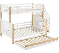 Lit d'enfant avec ceintures de sécurité et barrières, trois positions de couchage, lit gigogne, blanc et naturel.