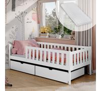 Lit d'enfant avec deux tiroirs, protection contre les chutes, sommier à lattes et matelas, lit d'enfant | Sûr & stable | Autres dimensions 80x160, 80x180, 90x200 cm | 90x190 cm : de 4 à 13 ans, blanc