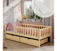 Lit d'enfant avec deux tiroirs, protection contre les chutes, sommier à lattes et matelas, lit d'enfant | Sûr & stable | Autres dimensions 80x160, 80x180, 90x200 cm | 90x190 cm : de 4 à 13 ans, nature