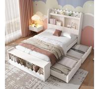 Lit d'enfant avec espace de rangement : lit simple en bois blanc avec tiroirs, étagère et banc, aspect chêne, sommier à lattes inclus (sans matelas) 90x190 cm
