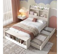 Lit d'enfant avec espace de rangement : lit simple en bois blanc avec tiroirs, étagère et banc, aspect chêne, sommier à lattes inclus (sans matelas) 90x200 cm