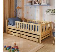 Lit d'enfant avec lit gigogne et deux tiroirs, protection contre les chutes et sommier à lattes, lit d'enfant | Autres dimensions : 80x160, 80x180, 90x200cm | 90x190cm : de 4 à 13 ans, naturel