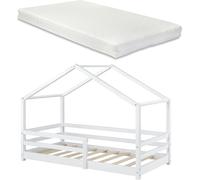 Lit d'enfant avec matelas et protection antichute 90x200cm Lit d'intérieur avec matelas en mousse froide Maison de lit avec sommier à lattes en pin Lit simple blanc [en.casa]