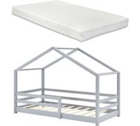 Lit d'enfant avec matelas et protection antichute 90x200cm Lit d'intérieur avec matelas en mousse froide Maison de lit avec sommier à lattes en pin Lit simple gris clair [en.casa]