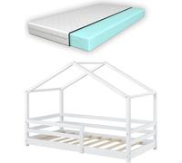 Lit d'enfant avec matelas et protection contre les chutes 80x160cm Lit d'intérieur avec matelas en mousse froide Maison de lits avec sommier à lattes en pin Lit pour jeunes enfants blanc [en.casa]