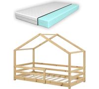 Lit d'enfant avec matelas et protection contre les chutes 80x160cm Lit d'intérieur avec matelas en mousse froide Maison de lits avec sommier à lattes en pin Lit pour petits enfants Naturel en bois [en