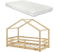Lit d'enfant avec matelas et protection contre les chutes 90x200cm Lit d'intérieur avec matelas en mousse froide Maison de lits avec sommier à lattes en pin Lit simple en bois naturel [en.casa]