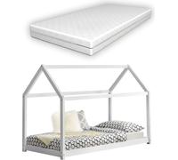 Lit d'enfant avec matelas orthopédique 80x160 cm Lit de maison en bois Maison design en pin blanc avec matelas en mousse froide Oeko-Tex Standard 100 [en.casa]