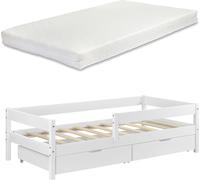 Lit d'enfant avec matelas, protection contre les chutes et tiroirs 90x200 cm Lit d'adolescent avec barrière de protection avec matelas en mousse froide et coffre de lit en pin blanc Lit [en.casa]