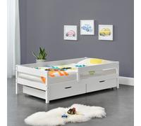 Lit d'enfant avec protection contre la chute et tiroirs 90x200 cm Lit d'adolescent avec barrière de protection jusqu'à 100 kg avec sommier à lattes Bois de pin Blanc [en.casa]