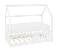 ML-Design Lit Cabane Enfant 70x140 cm Blanc avec Matelas, Protection Contre la Chute, Toit et Sommier à Lattes, en Bois de Pin Massif, Style Maison, Couchage au Sol Maisonnette pour Fille Garçon