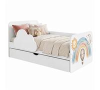 Lit d'enfant blanc 140 x 70 cm, motif nuage | Avec coffre de rangement et matelas en mousse | Pour filles et garçons, autocollants colorés