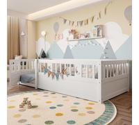 Lit d'enfant blanc au design minimaliste avec grille, motifs de lune et d'étoiles, sans matelas, style panneau, 90 x 190 cm