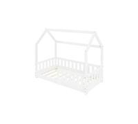 ML-Design Lit Cabane Enfant 70x140 cm Blanc en Bois Massif avec Protection Contre la Chute, Toit et Sommier à Lattes, Style Maison, Couchage Maisonnette Barrière de Sécurité pour Fille Garçon