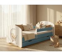 Lit d'enfant bleu 140 x 70 cm, complet avec barrière de sécurité, matelas et tiroir de rangement | Lit d'enfant sécurisé avec espace de rangement, motifs d'animaux