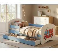 Lit d'enfant bleu 140 x 70 cm, complet avec barrière de sécurité, matelas et tiroir de rangement | Lit d'enfant sécurisé avec espace de rangement, camion de pompiers