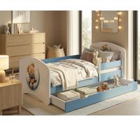 Lit d'enfant bleu 140 x 70 cm, complet avec barrière de sécurité, matelas et tiroir de rangement | Lit pour tout-petits sécurisé avec espace de rangement