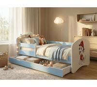 Lit d'enfant bleu 140 x 70 cm, complet avec barrière de sécurité, matelas et tiroir de rangement | Lit pour tout-petits sécurisé avec espace de rangement