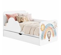 Lit d'enfant complet 160 x 80 cm, blanc | Avec barrière de sécurité, tiroir et matelas | Lit au motif « nuages » et arc-en-ciel coloré