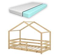 Lit d'enfant Design en Forme Maison avec Grille de Protection Lit Cabane Construction Solide avec Matelas Orthopédique Bois de Pin 160 x 80 cm Naturel