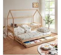 Lit double pour enfants « Aarghonmaa » en forme de maison 90 x 200 cm avec lit gigogne, barrière de sécurité et 2 tiroirs en bois de pin naturel