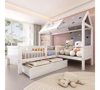 Lit d'enfant en bois en forme de maison, lit simple multifonctionnel avec toile de tente et coussin, tiroirs en bas, sans matelas, 90 x 200 cm, blanc