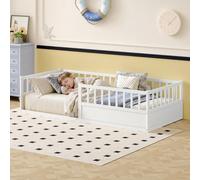 Lit d'enfant en bois massif, 90 x 200 cm, avec barrière de sécurité et sommier à lattes, lit Montessori à barreaux avec un côté ouvert, lit simple en pin blanc