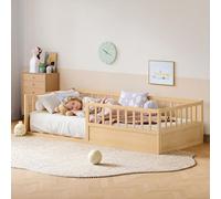 Lit d'enfant en bois massif, 90 x 200 cm, avec barrière de sécurité et sommier à lattes, lit Montessori à barreaux avec un côté ouvert, lit simple en pin naturel