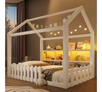 Lit d'enfant en forme de maison 90 x 190 cm, en pin massif, lit pour adolescent avec bande lumineuse LED, tête de lit, espace de rangement et barrière de sécurité, blanc
