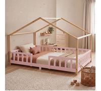 Lit bébé "Treviolo" au style maison, avec barrière de sécurité, en bois de pin, dimensions 120 x 200 cm, couleur rose/naturel