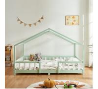 Lit d'enfant 'Treviolo' à l'aspect de maison avec protection contre les chutes en pin 120 x 200 cm vert menthe / blanc