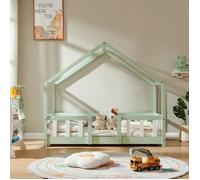 Lit d'enfant « Treviolo » style maison avec barrière de sécurité, en bois de pin, 70 x 140 cm, vert menthe / blanc