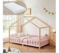 Lit bébé "Treviolo" avec matelas et barrière de sécurité, dimensions 90x200 cm, couleur rose/naturel