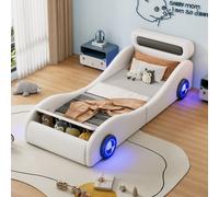Lit d'enfant en forme de voiture avec roues lumineuses, espace de rangement & design sûr, 90x200cm, Blanc