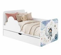 Lit d'enfant et lit junior 140 x 70 cm, blanc | Matelas et espace de rangement inclus | Lit d'enfant sécurisé « Nuage », autocollants colorés, « Cosmos »