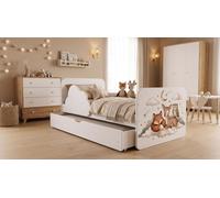 Lit d'enfant et lit junior 140 x 70 cm, blanc | Matelas et espace de rangement inclus | Lit pour tout-petits sécurisé : nuage, autocollants colorés, animaux