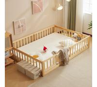 Lit d'enfant FCH 140 x 200 cm, lit au sol, lit avec barrières, lit en bois avec barrières de sécurité et porte, lit ludique, pour enfants, aspect naturel