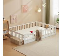 Lit d'enfant FCH 140 x 200 cm, lit sur pied, lit à barrières, lit en bois avec barrières de sécurité et porte, lit ludique, pour enfants, blanc