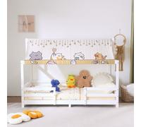 Lit d'enfant FCH 90 x 190 cm avec baldaquin en tissu, lit en forme de maison avec baldaquin, lit sur pied avec barrière de sécurité et sommier à lattes, pour chambre de bébé/d'enfant, blanc