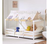 Lit d'enfant FCH 90 x 200 cm avec baldaquin en tissu, lit en forme de maison avec baldaquin, lit sur pied avec barrière de sécurité et sommier à lattes, pour chambre d'enfant ou d'adolescent, blanc