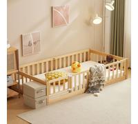 Lit d'enfant FCH 90 x 200 cm, lit sur pied, lit à barrières, lit en bois avec barrières de sécurité et porte, lit ludique, pour enfants, aspect naturel