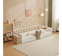 Lit d'enfant FCH 90 x 200 cm, lit sur pied, lit à barrières, lit en bois avec barrières de sécurité et porte, lit ludique, pour enfants, blanc