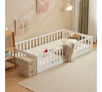Lit d'enfant FCH 90 x 200 cm, lit sur pied, lit à barrières, lit en bois avec barrières de sécurité et porte, lit ludique, pour enfants, blanc