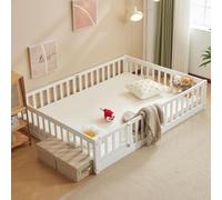Lit d'enfant FCH avec barrière de sécurité et sommier à lattes, 140 x 200 cm, lit au sol Montessori avec sortie latérale, lit simple pour chambre d'adolescent, blanc